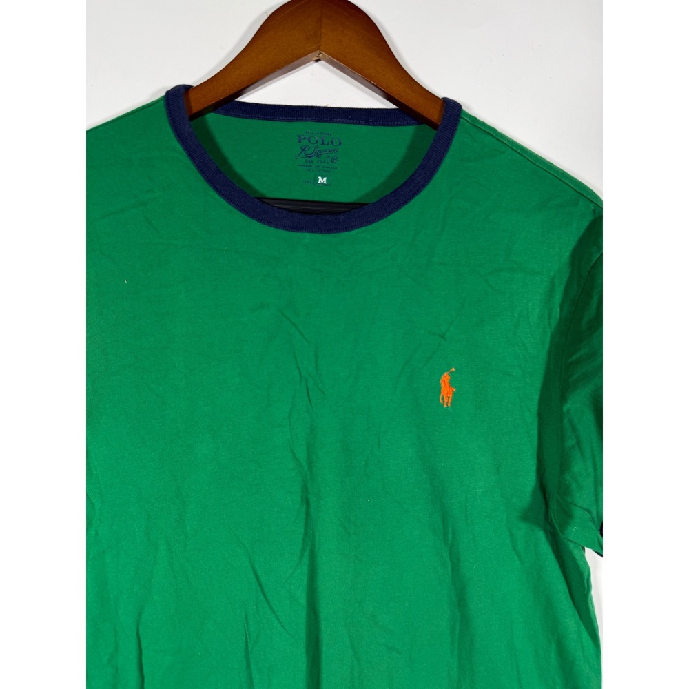 Polo Ralph Lauren Mens Green Ringer T-Shirt Orange Pony Logo Size M